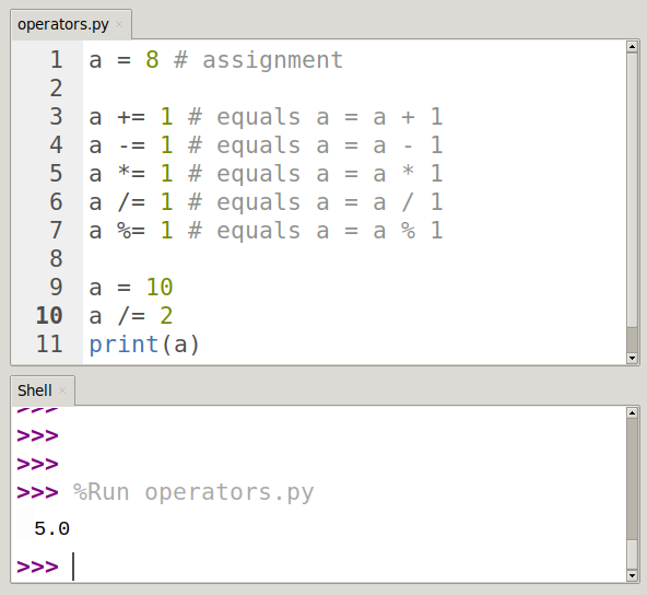 assignment operators example program in python